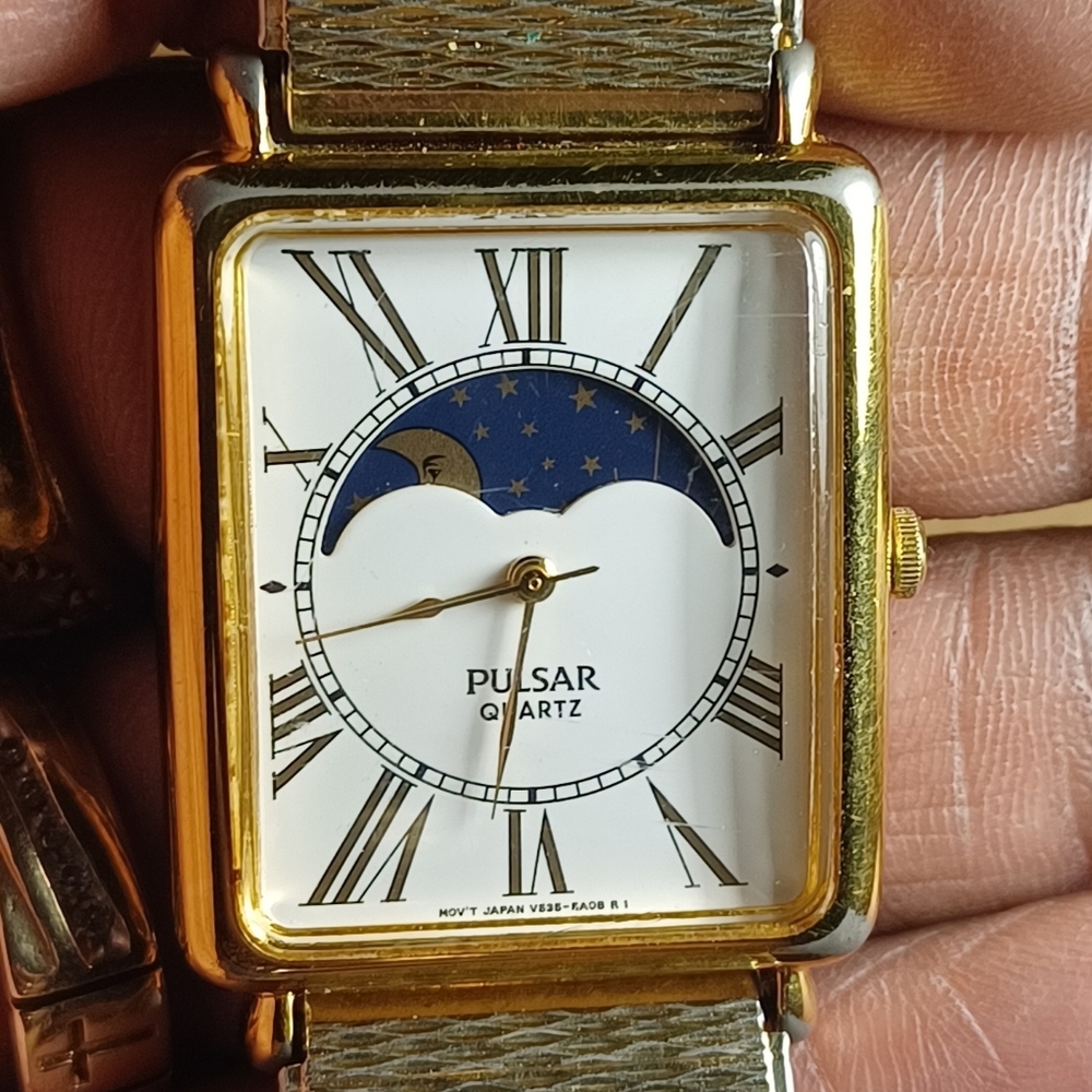 Pulsar Gold and Blue Rectangular Moonphase Watch